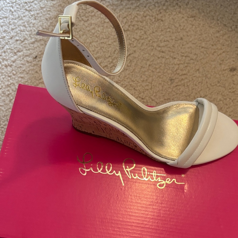 Lilly Pulitzer Resort White Cork Wedge Sandals with Ankle Strap and Gold Insole